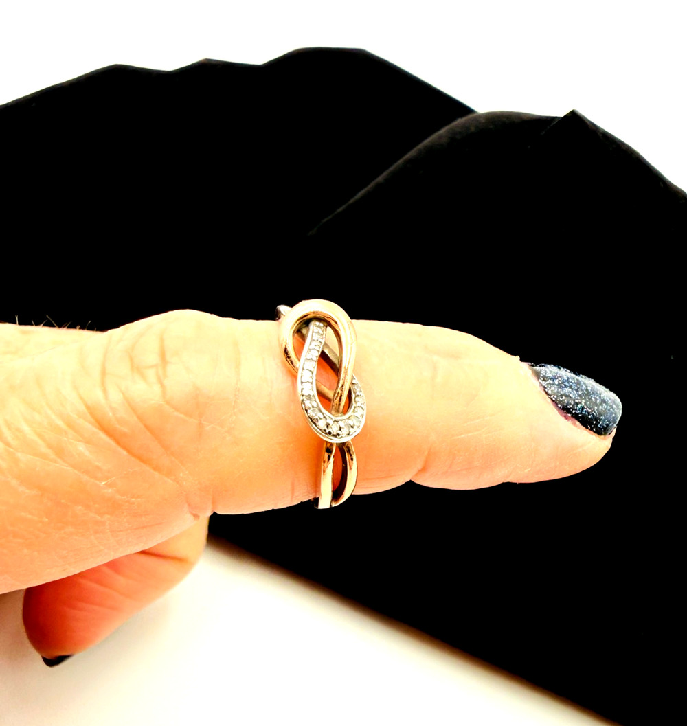 Two Tone Sterling Silver Rose Love Knot Infinity Diamond Ring Size 6.75 Fashion